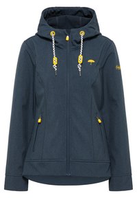 Giacca blu navy con cappuccio, caratterizzata da accenti gialli su cerniere e lacci, tasche con zip e un tessuto testurizzato.