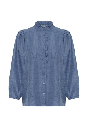 Blue chambray blouse with a ruffled collar, long puff sleeves, and button front. Soft texture with a subtle weave pattern.