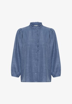 Sininen chambray-paita, jossa on röyhelökaulus, pitkät puffi-hihat ja napitus edessä. Pehmeä pinta, jossa on hienovarainen kudontamalli.