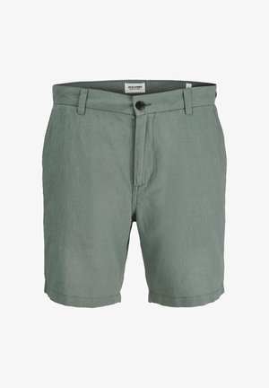 Pantaloncini casual verdi da uomo con chiusura a bottone, passanti per cintura e tasche anteriori, realizzati in tessuto leggero.