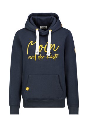 Navy blue hooded sweatshirt with white drawstrings, yellow script "Moin von der Küste," front pocket, and ribbed cuffs and hem.