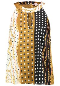 Top senza maniche caratterizzato da una miscela di pois e motivi a catena in oro, bianco, nero e blu marino su un tessuto liscio con scollatura rotonda.