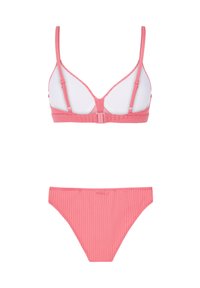 Pinkes Bikini-Set mit gerippter Textur. Das Oberteil hat verstellbare Träger und einen Verschluss hinten; das Unterteil hat einen einfachen, klassischen Schnitt ohne Muster.