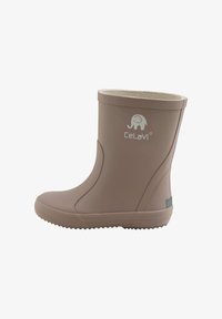 Bota de lluvia de goma marrón con un exterior liso y un forro interior claro que contrasta. Presenta un logo en relieve y una suela texturizada para mayor agarre.