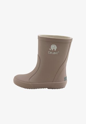 Brązowy gumowy kalosz o gładkiej powierzchni i kontrastowej jasnej podszewce. Posiada wytłoczone logo i teksturowaną podeszwę zapewniającą przyczepność.