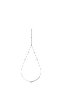 Collana in oro rosa con maglie allungate, accenti circolari e chiusura a catena. Superficie liscia, design delicato e lunghezza regolabile.