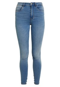 Jeans skinny de tiro alto en azul claro, con bolsillos delanteros y traseros, cierre de botón y detalles desgastados en los muslos y las rodillas.