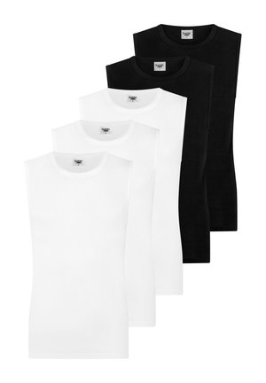 Fem ærmeløse crew neck undertrøjer i sort og hvid, arrangeret overlappende med hvide skjorter foran og sorte skjorter bagved.