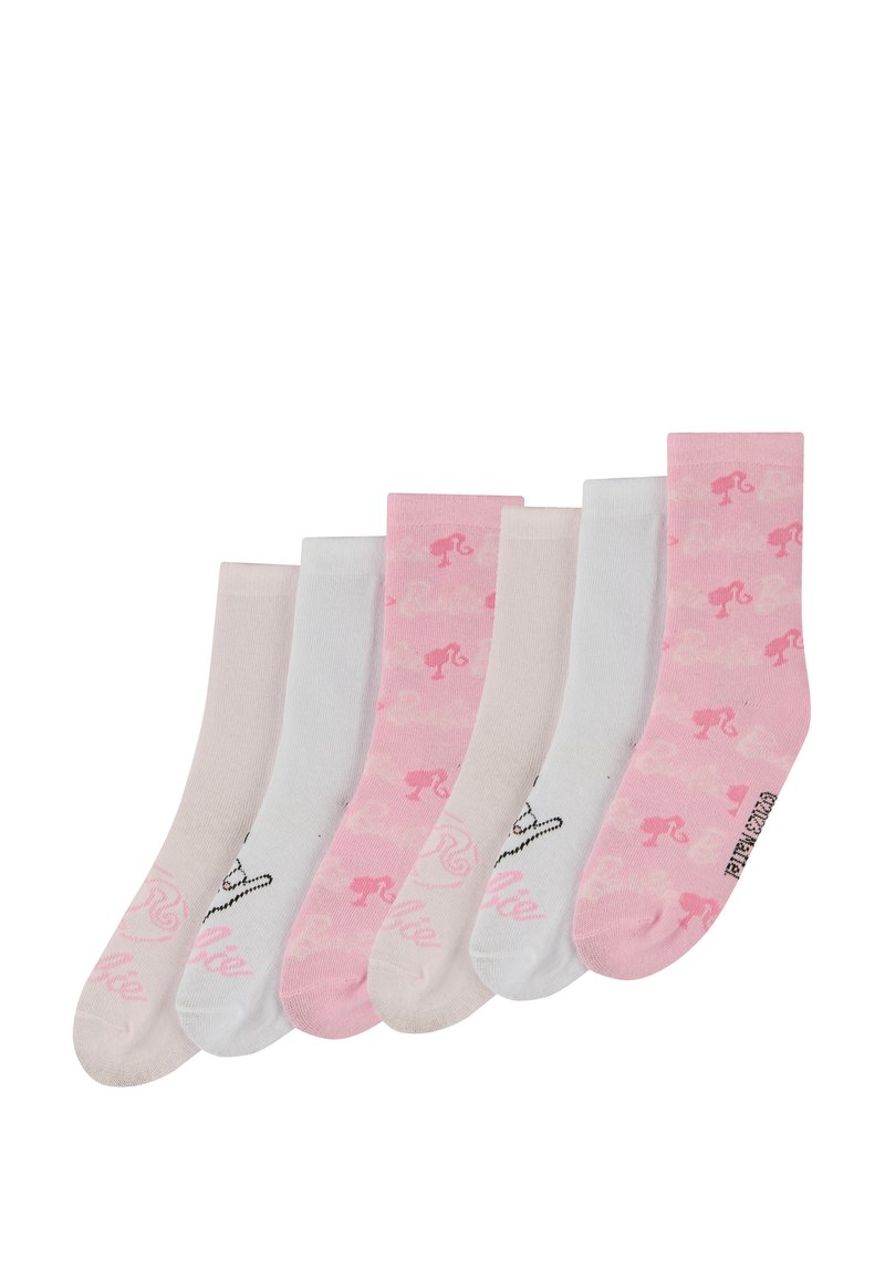 Seis pares de calcetines en diferentes tonalidades de rosa, blanco y beige. Tres pares tienen un diseño de flamenco rosa; material de algodón suave.
