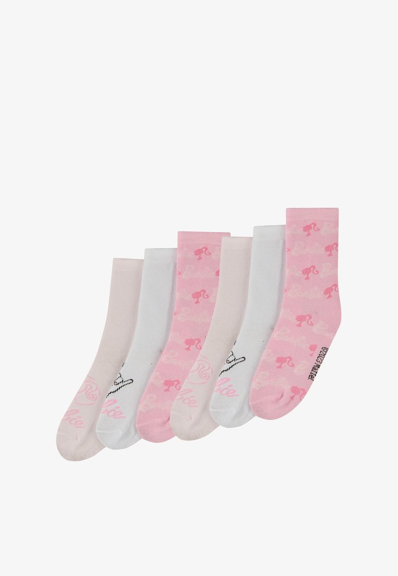 Seis pares de calcetines en diferentes tonalidades de rosa, blanco y beige. Tres pares tienen un diseño de flamenco rosa; material de algodón suave.