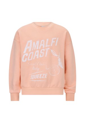 Perzikkleurige sweatshirt met witte tekst "Amalfi Coast," "Social Club Italy," "Squeeze," en een illustratie van een sinaasappel met bladeren.