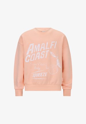 Perzikkleurige sweatshirt met witte tekst "Amalfi Coast," "Social Club Italy," "Squeeze," en een illustratie van een sinaasappel met bladeren.