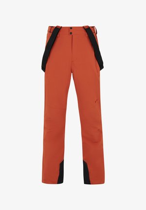 Orangene wasserdichte Skihosen mit verstellbaren schwarzen Trägern, verstärkten schwarzen Akzenten an den Säumen und Front-Reißverschlusstaschen.
