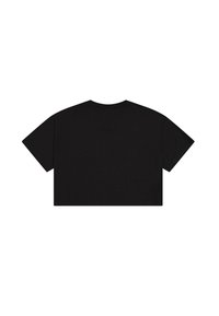 Camiseta negra corta con cuello redondo, mangas cortas y una textura suave de algodón. Sin gráficos ni adornos visibles.