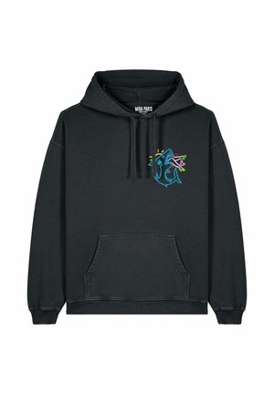 Felpa nera in cotone con tasca frontale, cappuccio con cordino e grafica ricamata colorata nella parte sinistra del petto.