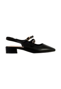 Chaussure slingback en cuir noir avec talon bloc bas, bout pointu et deux brides réglables avec boucles dorées sur le dessus.