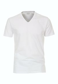 Hvid T-shirt med korte ærmer og V-udskæring. Lavet af blødt bomuld, med en glat tekstur uden mønstre eller detaljer. Størrelse medium.