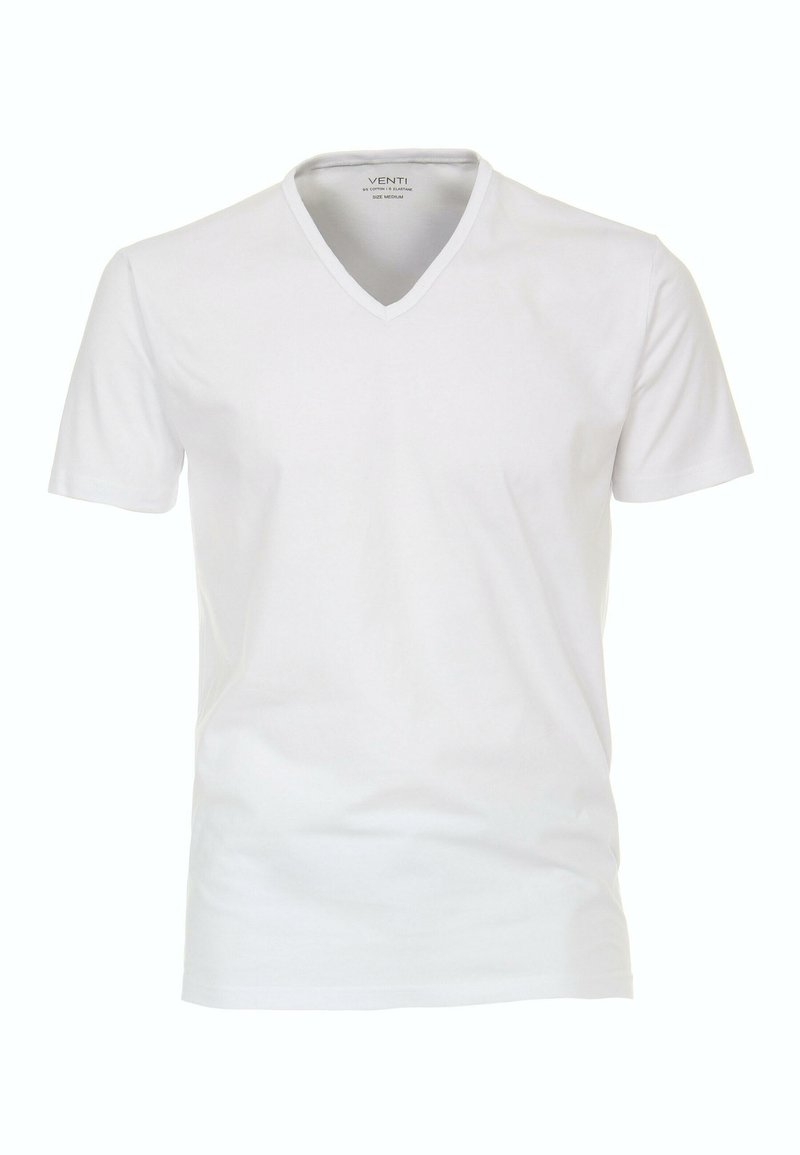Hvid T-shirt med korte ærmer og V-udskæring. Lavet af blødt bomuld, med en glat tekstur uden mønstre eller detaljer. Størrelse medium.