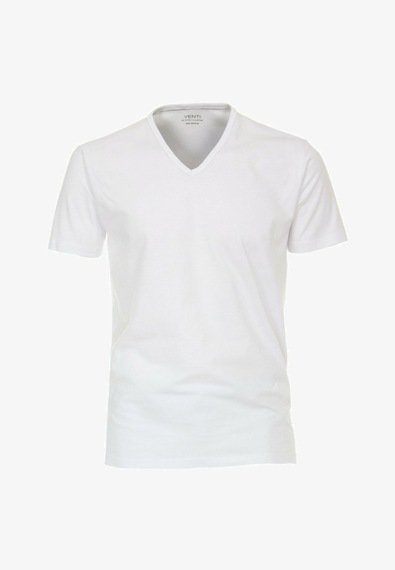 Hvid T-shirt med korte ærmer og V-udskæring. Lavet af blødt bomuld, med en glat tekstur uden mønstre eller detaljer. Størrelse medium.