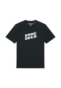 Zwarte katoenen t-shirt met een pixelachtige witte "GAME OVER" graphic op de voorkant. Klassiek ontwerp met ronde hals en korte mouwen.