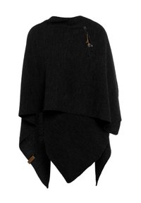 Poncho noir en tricot avec un motif texturé, ourlet asymétrique et une fermeture décorative comprenant une perle en bois et un cordon en boucle.