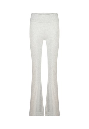 Leggings évasés gris en tissu doux et extensible. Comportent une large ceinture et une texture lisse avec un motif subtilement chiné.