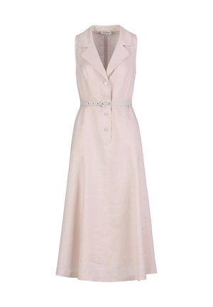 Bezrukávové svetloružové midi šaty s klopovým golierom, prednými gombíkmi a tenkým zodpovedajúcim opaskom v páse.