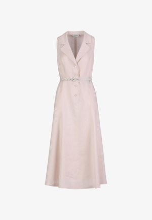 Bezrukávové svetloružové midi šaty s klopovým golierom, prednými gombíkmi a tenkým zodpovedajúcim opaskom v páse.