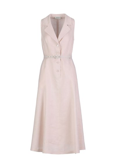 Bezrukávové svetloružové midi šaty s klopovým golierom, prednými gombíkmi a tenkým zodpovedajúcim opaskom v páse.
