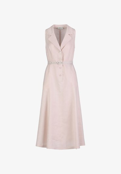 Bezrukávové svetloružové midi šaty s klopovým golierom, prednými gombíkmi a tenkým zodpovedajúcim opaskom v páse.