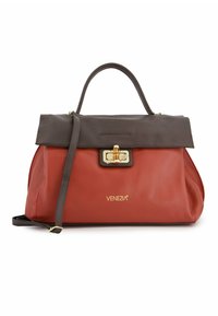 Red and brown leather handbag with a structured shape, featuring a gold clasp, a logo on the front, and a detachable strap.