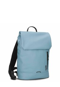 Blue waterproof backpack with a roll-top design, zippered front pocket, black mesh straps, and a top carrying handle.