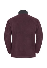 Fleecejacke in tiefem Burgunderrot mit einer soliden Textur. Verfügt über einen schwarzen Kragen und lange Ärmel, entworfen für Wärme und Komfort.