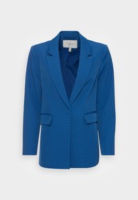 Blue blazer featuring a single-button closure, notched lapels, and two front pockets. Smooth texture, tailored fit, and structured silhouette.
