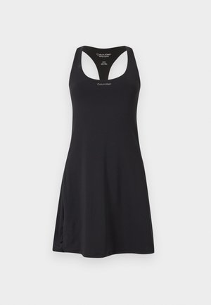 Crna Calvin Klein sportska haljina bez rukava s racerback dizajnom i tekstom logotipa na prsima i gornjem dijelu leđa.