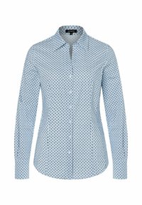 Himmelblaues Button-Up-Hemd mit geometrischem Muster, langen Ärmeln, Kragen und abgerundetem Saum. Hergestellt aus einem glatten Stoff.