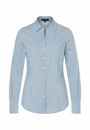 Himmelblaues Button-Up-Hemd mit geometrischem Muster, langen Ärmeln, Kragen und abgerundetem Saum. Hergestellt aus einem glatten Stoff.