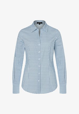 Light blue button-up shirt featuring a geometric pattern, long sleeves, collar, and a curved hemline. Made from a smooth fabric.