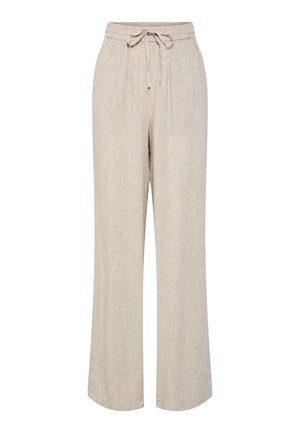 Pantalon beige coupe ample avec jambes larges, taille élastique et cordon noué à l'avant.
