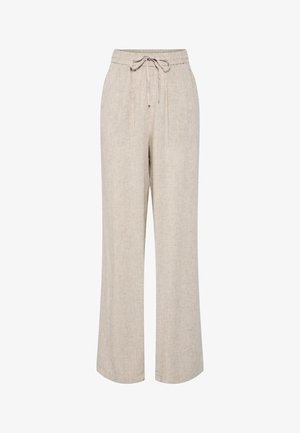 Pantalon beige coupe ample avec jambes larges, taille élastique et cordon noué à l'avant.