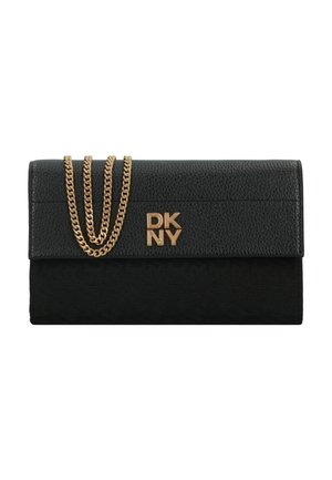 Black clutch wallet featuring textured leather and a patterned fabric base. Gold chain accents and prominent DKNY logo on the front.