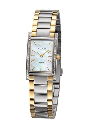 Montre à quartz avec un cadran rectangulaire en nacre, un bracelet en métal doré et argenté, et des accents en diamant sur la lunette. Logo affiché sur le cadran.