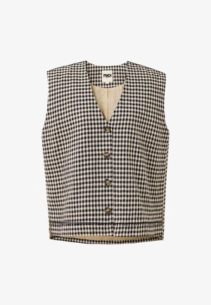Gilet sans manches en motif vichy noir et crème, comportant cinq boutons, un col en V et une doublure intérieure. Tissu texturé avec des bords nets.