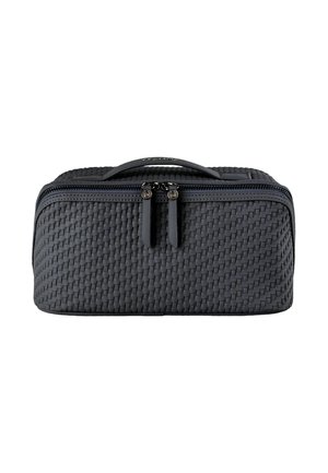 Schwarze rechteckige Kulturtasche mit gewebter Struktur, doppelseitigem Reißverschluss und Tragegriff oben.