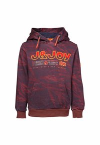 Capuchon sweatshirt in donkerpaars met een rood geruit patroon. Beschikt over een voorzak, oranje trekkoorden en logo-details in felgeel.