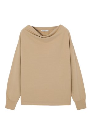 Béžový dlouhý rukáv top s volným výstřihem a uvolněným střihem, manžety s žebrovaným vzorem; hladká textura, minimalistický design, bez viditelných vzorů.