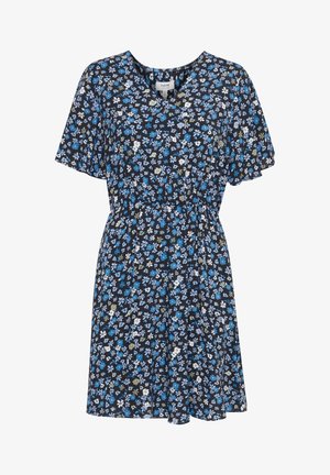Granatowa sukienka z krótkim rękawem w niebieskie, białe i jasnobeżowe wzory kwiatowe oraz elastyczną talią.