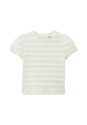 Haut blanc à manches courtes avec des rayures texturées festonnées, encolure ronde et manches froncées. Confectionné dans un tissu doux et léger.