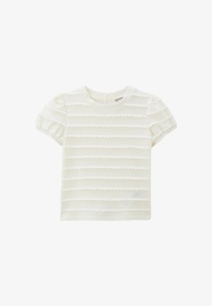 Haut blanc à manches courtes avec des rayures texturées festonnées, encolure ronde et manches froncées. Confectionné dans un tissu doux et léger.