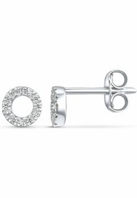 Boucles d'oreilles en argent en forme de rond, ornées d'accents circulaires clairs de petites pierres précieuses. Fini en métal lisse avec un aspect poli.